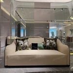 Cream Leather Sofa Set with Shell-Pattern Quilted Craftsmanship, Natural Burl Wood Veneer & Gold Stainless Steel Accents